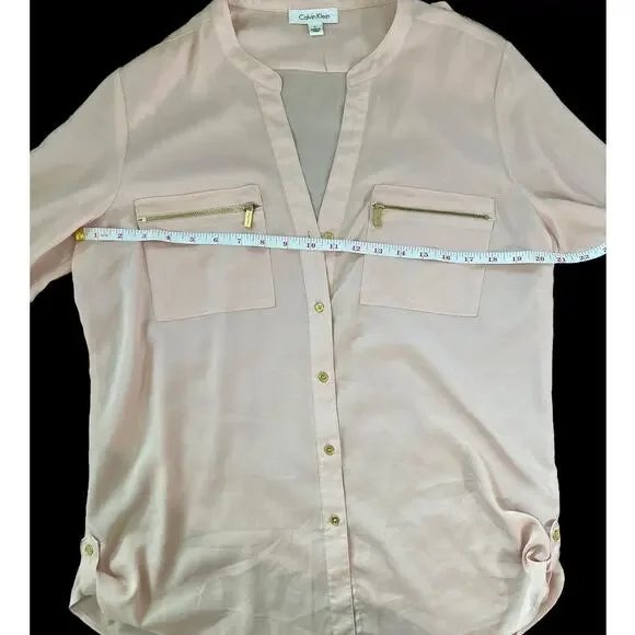 Calvin Klein Zip Pocket Utility Blouse Top Blush Pink Work Business Size Large - Picture 8 of 10